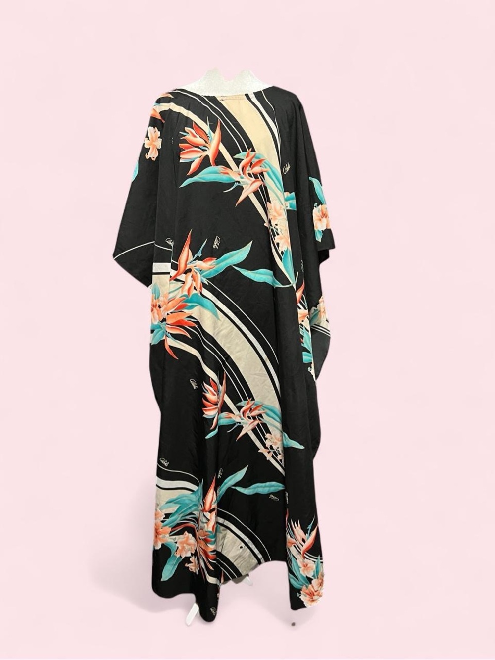 Black One Size Floral Cover-Up Kaftan with Teal and Coral Accents
